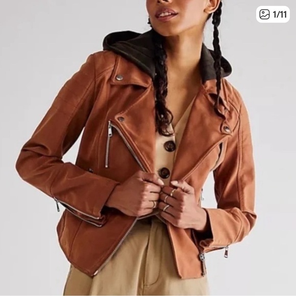 We The Free Tan Leather Jacket with Hood - Picture 1 of 7